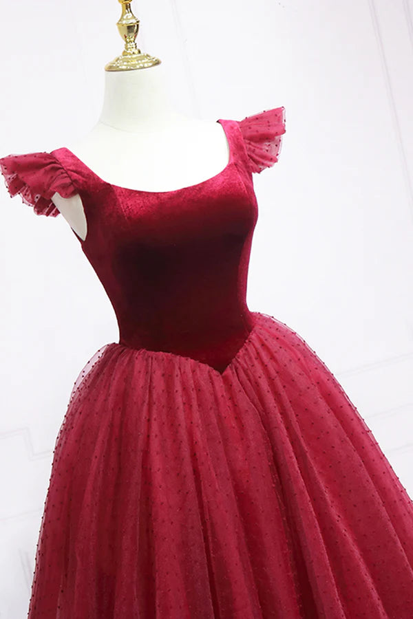Wholesale Burgundy Velvet Tulle Tea Length Prom Dress Cute A-Line Party Dress